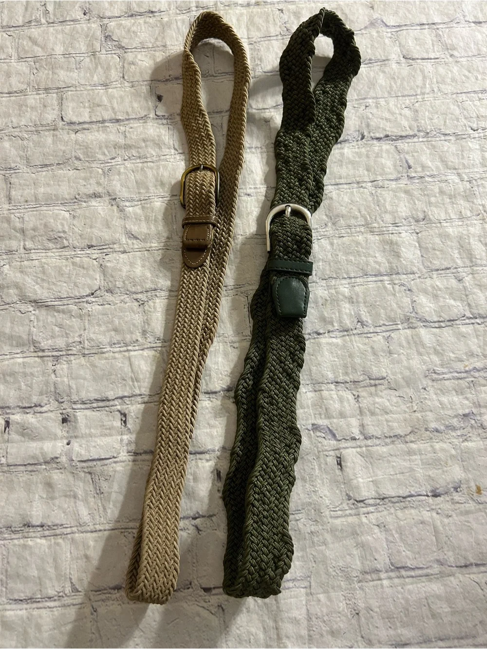 LOT OF (2) STRETCH BELTS OLIVE GREEN AND TAN SILVER TONE & ANTIQUE BUCKLES MEN
